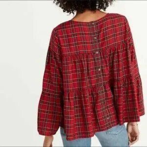 Madewell Holiday Tartan Plaid Tiered Blouse Medium Button Back Detail H3271